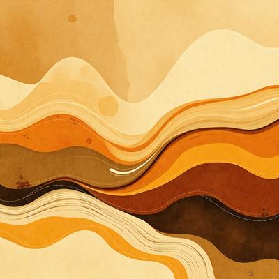 The primary subject of the image is a colorful, abstract artwork featuring a combination of orange, brown, and white colors. The setting is a brown and white background, which adds to the visual style of the piece. The artwork appears to be a digital illustration or a painting, showcasing a unique and creative design. The overall atmosphere of the image is vibrant and engaging, with the artwork capturing the viewer's attention.